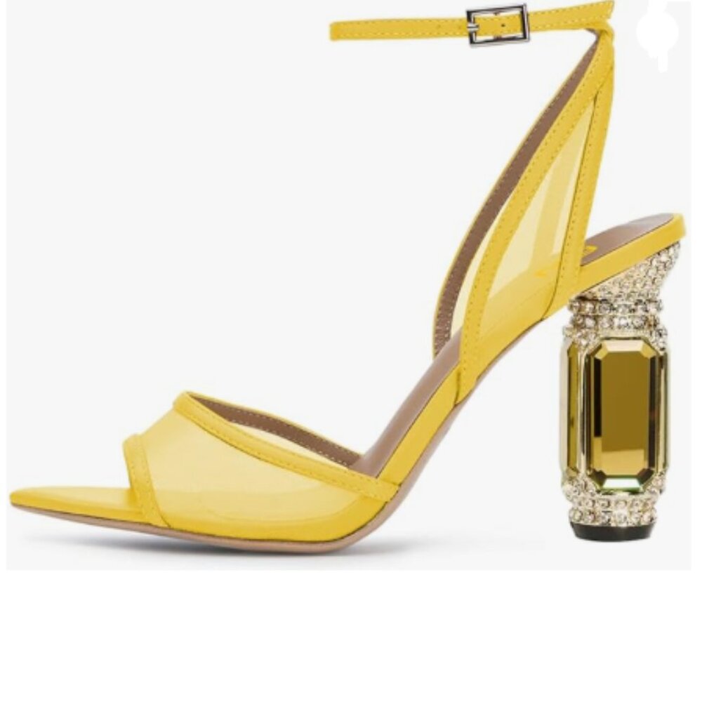 FSJ Yellow Crystal Heel Sandals Open Toe Ankle Strap Mesh Chunky Heel Shoes